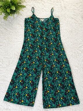Tree of Life Tropical Bird Print Wide Leg Jumpsuit Rayon Size M